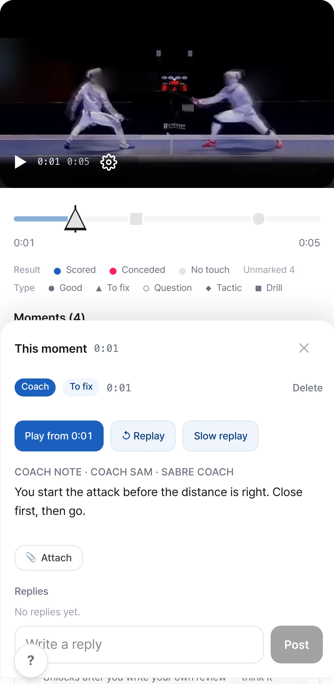 A coach’s note left at one moment of the video, marked “To fix”