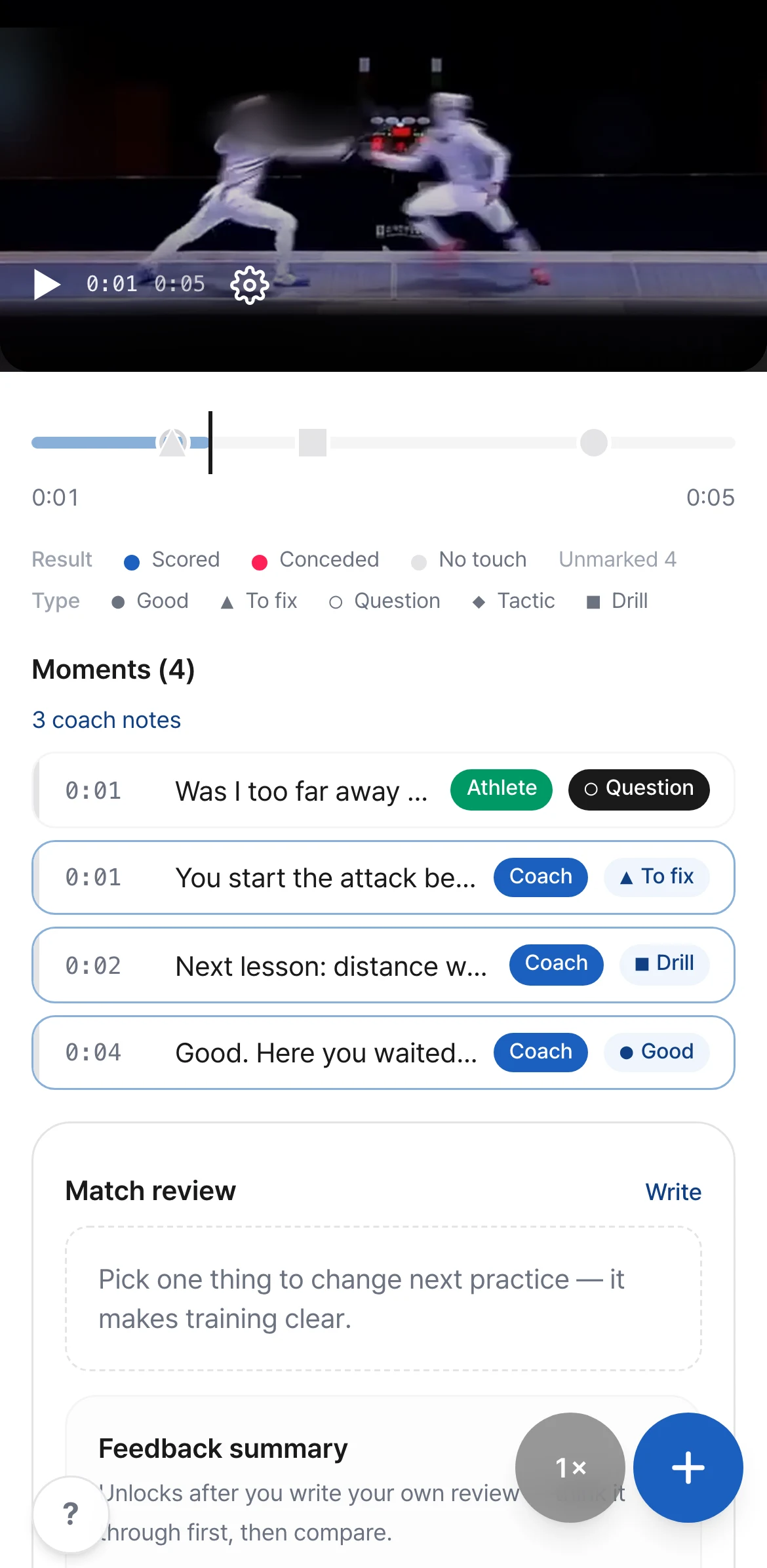 A list of moments: the fencer’s question and the coach’s fix, drill and good-point notes